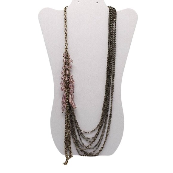 Lia Sophia Blushing Multi-Strand Antique Gold Chain Necklace With Pink Crystal - Picture 1 of 7